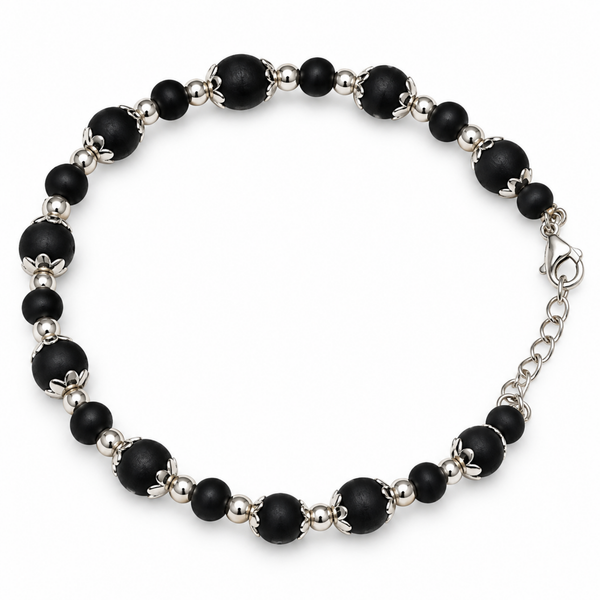 Silver 925 Dual-Size Black Tulsi Bead Bracelet