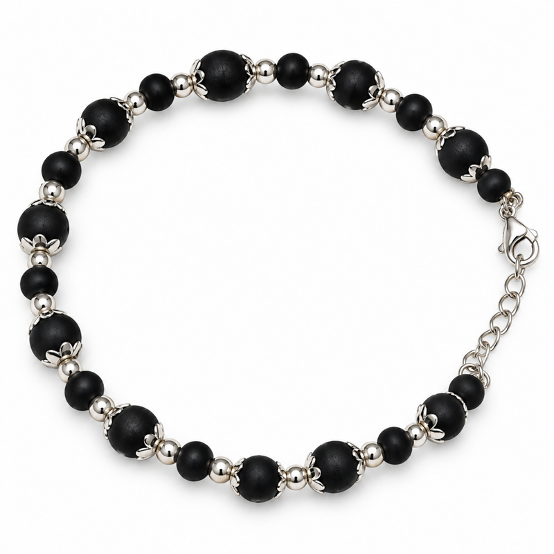 Silver 925 Dual-Size Black Tulsi Bead Bracelet