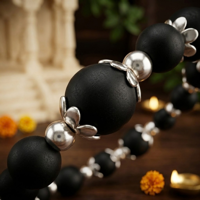 Silver 925 Dual-Size Black Tulsi Bead Bracelet