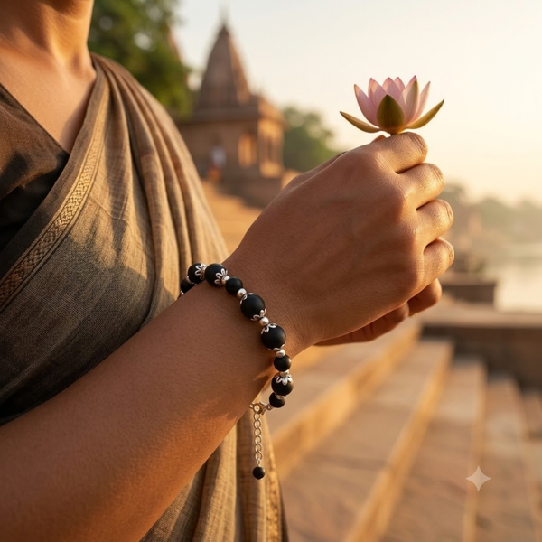 Silver 925 Dual-Size Black Tulsi Bead Bracelet