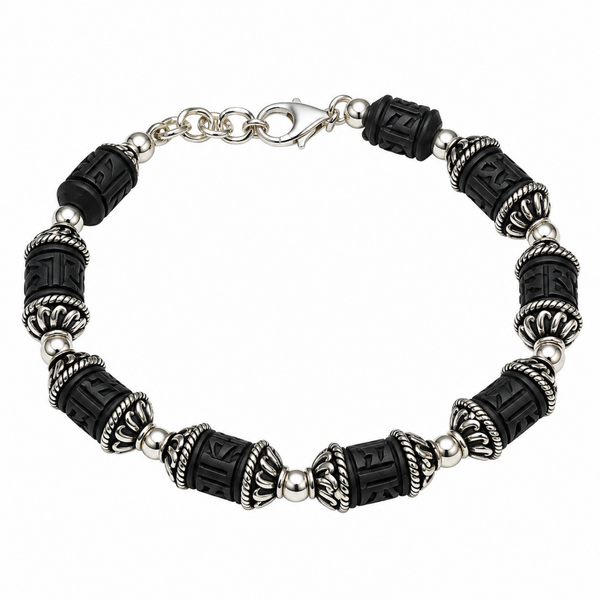 Silver 925 Carved Barrel Black Tulsi Bracelet
