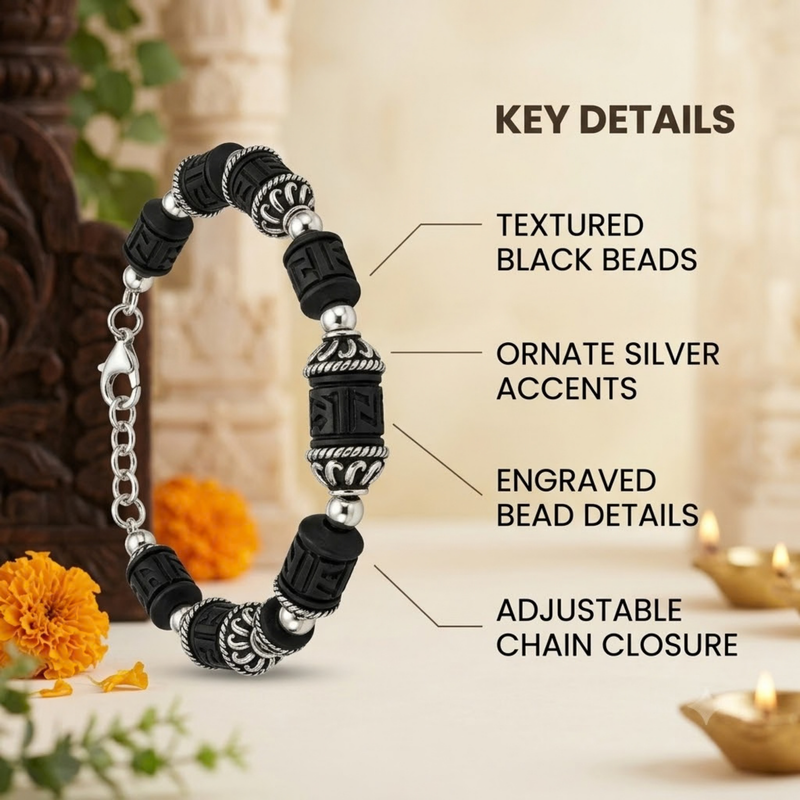 Silver 925 Carved Barrel Black Tulsi Bracelet