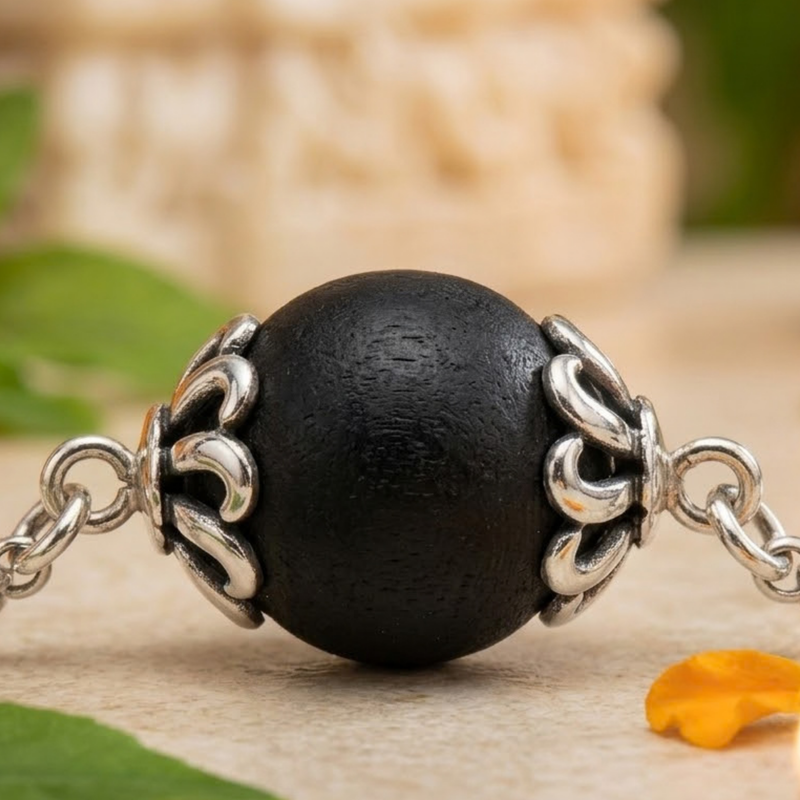 Silver 925 Round Black Tulsi Bead Chain Bracelet