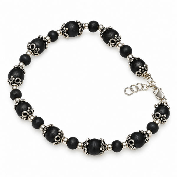 Silver 925 Granulated Capped Black Tulsi Bracelet