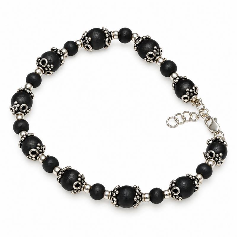 Silver 925 Granulated Capped Black Tulsi Bracelet