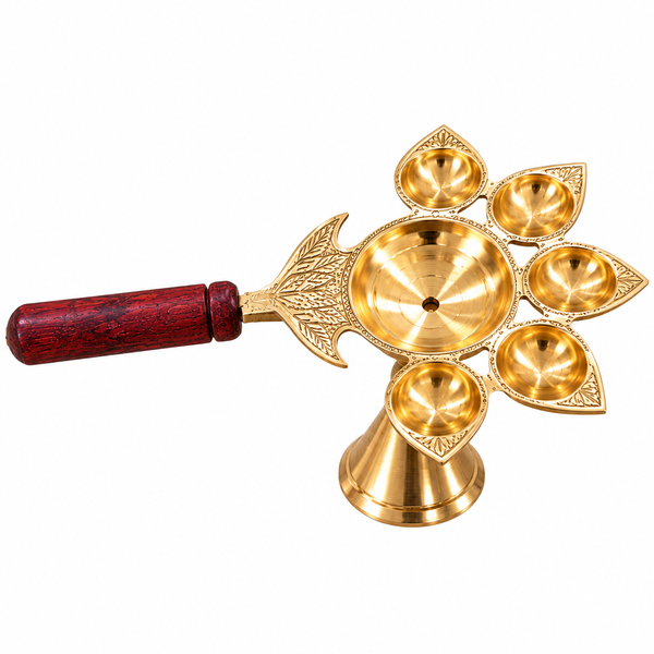 Design Brass Panch Aarti Diya with Wooden Handle