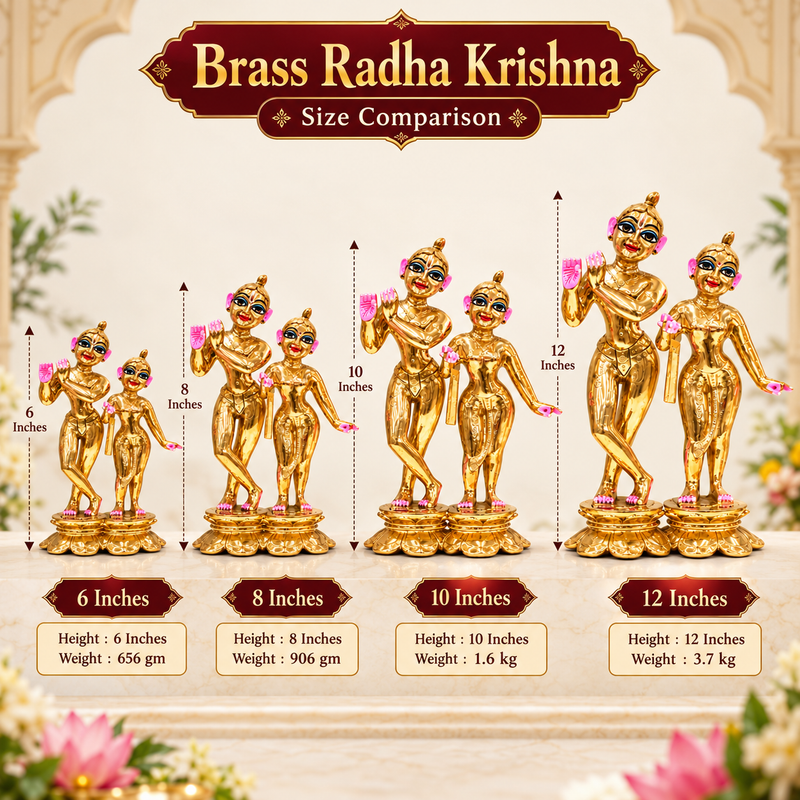 Brass Golden Radha Krishna Deity – Hollow, Semi-Coloured, Fine Finish, 6–12 Inch