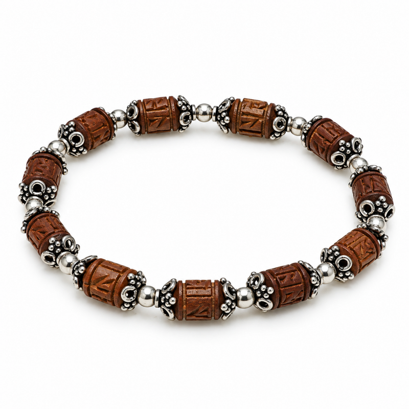 Silver 925 Carved Brown Tulsi Barrel Bracelet