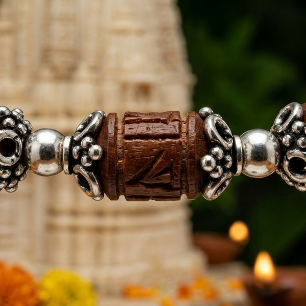 Silver 925 Carved Brown Tulsi Barrel Bracelet