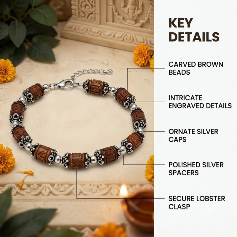 Silver 925 Carved Brown Tulsi Barrel Bracelet