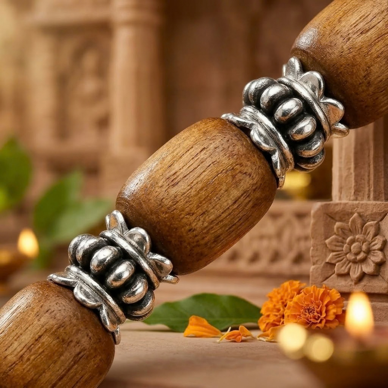 Silver 925 Flower Capped Rama Brown Tulsi Bead Bracelet