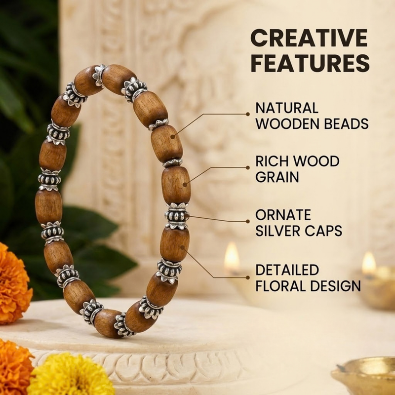Silver 925 Flower Capped Rama Brown Tulsi Bead Bracelet