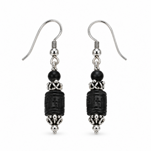 Silver 925 Natural Black Pure Tulsi Multi shape Beads Earring - Double Dana