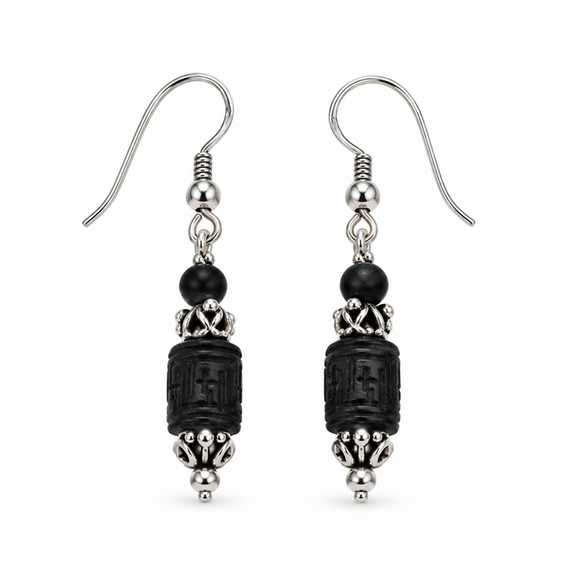 Silver 925 Natural Black Pure Tulsi Multi shape Beads Earring - Double Dana