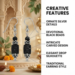 Silver 925 Natural Black Pure Tulsi Multi shape Beads Earring - Double Dana