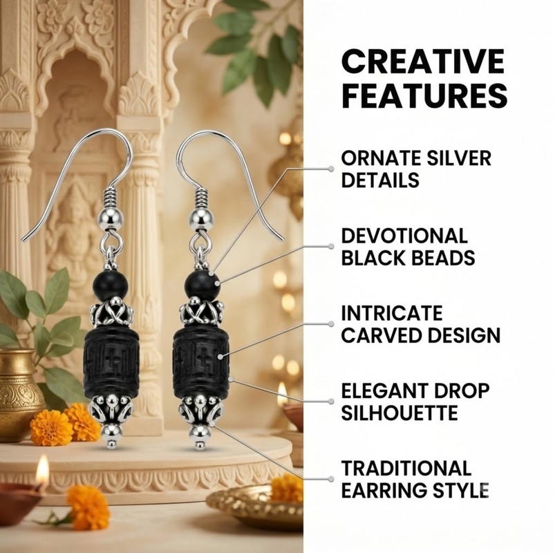 Silver 925 Natural Black Pure Tulsi Multi shape Beads Earring - Double Dana