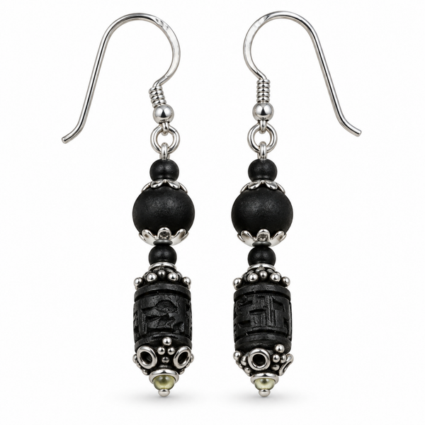 Silver 925 Natural Black Pure Tulsi Multi shape Beads Earring - Double Dana