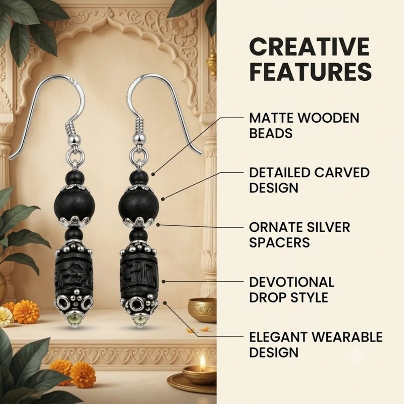 Silver 925 Natural Black Pure Tulsi Multi shape Beads Earring - Double Dana