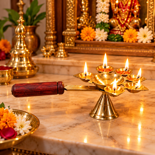 Design Brass Panch Aarti Diya with Wooden Handle