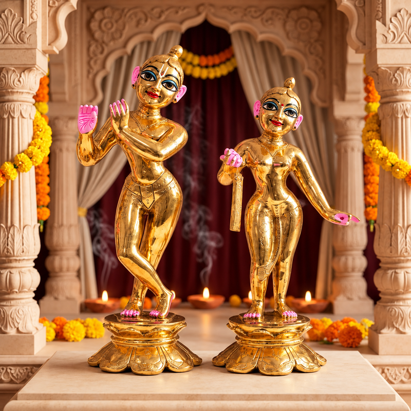 Brass Golden Radha Krishna Deity – Hollow, Semi-Coloured, Fine Finish, 6–12 Inch