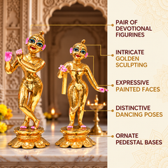 Brass Golden Radha Krishna Deity – Hollow, Semi-Coloured, Fine Finish, 6–12 Inch