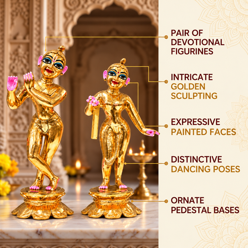 Brass Golden Radha Krishna Deity – Hollow, Semi-Coloured, Fine Finish, 6–12 Inch