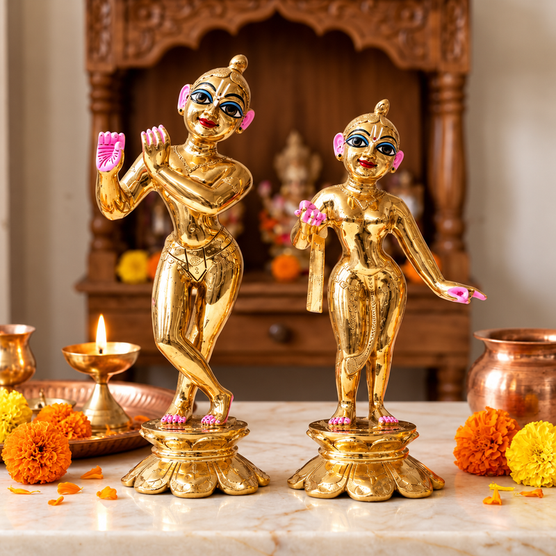 Brass Golden Radha Krishna Deity – Hollow, Semi-Coloured, Fine Finish, 6–12 Inch