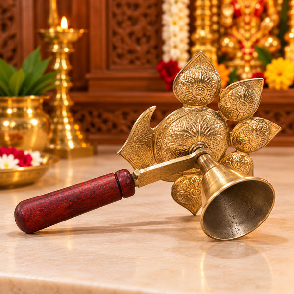 Design Brass Panch Aarti Diya with Wooden Handle