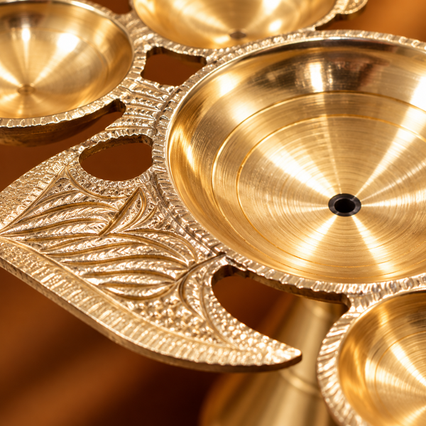 Design Brass Panch Aarti Diya with Wooden Handle