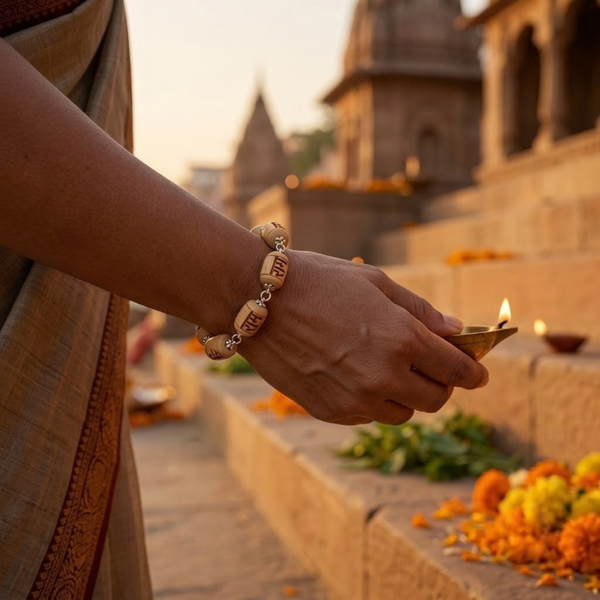 Silver 925 Natural White Pure Tulsi Barrel Shape Ram Bracelet