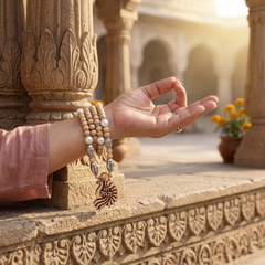 Silver 925 Pure Tulsi Kanti Mala with Pearl, Beads and Sri Radha Locket
