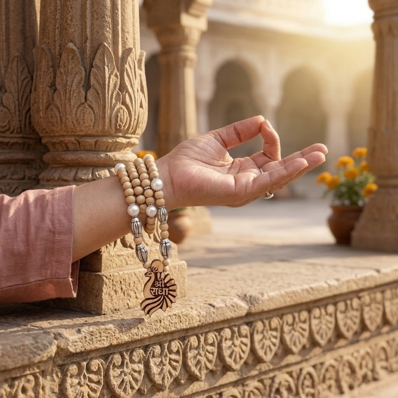 Silver 925 Pure Tulsi Kanti Mala with Pearl, Beads and Sri Radha Locket