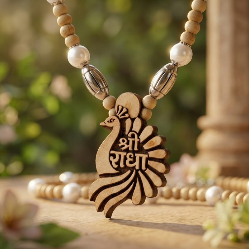 Silver 925 Pure Tulsi Kanti Mala with Pearl, Beads and Sri Radha Locket