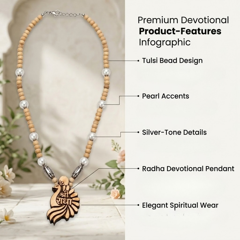 Silver 925 Pure Tulsi Kanti Mala with Pearl, Beads and Sri Radha Locket