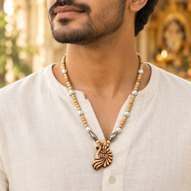 Silver 925 Pure Tulsi Kanti Mala with Pearl, Beads and Sri Radha Locket