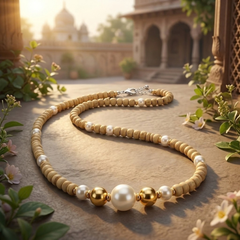 Silver 925 Pure Tulsi Kanti Mala with Pearl, Beads and Gold Tone Beads