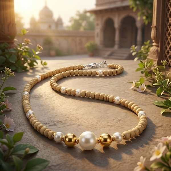 Silver 925 Pure Tulsi Kanti Mala with Pearl, Beads and Gold Tone Beads