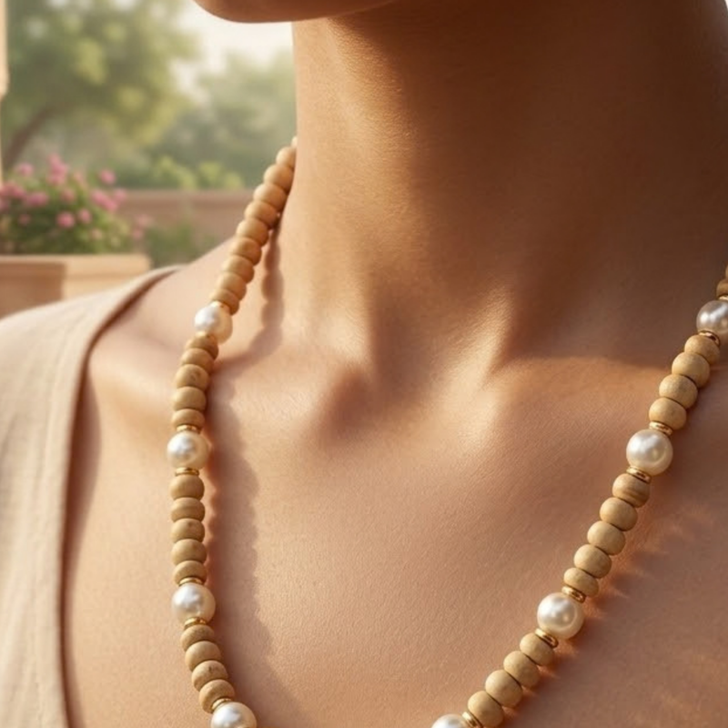 Silver 925 Pure Tulsi Kanti Mala with Pearl, Beads and Gold Tone Beads