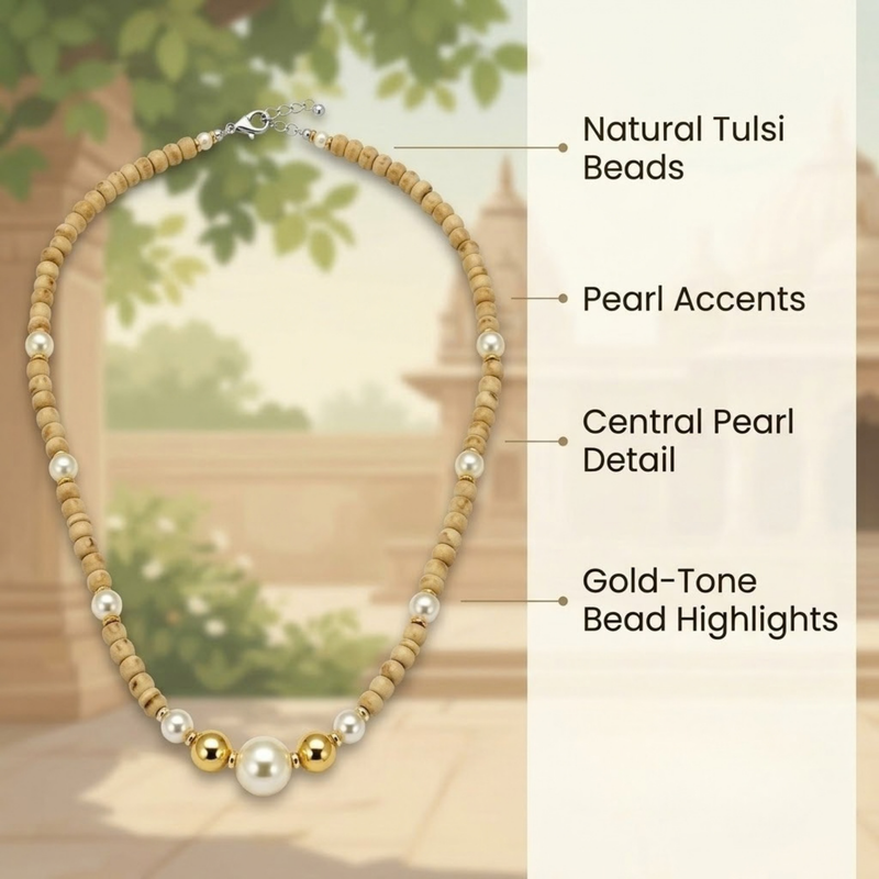 Silver 925 Pure Tulsi Kanti Mala with Pearl, Beads and Gold Tone Beads