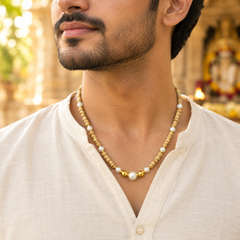 Silver 925 Pure Tulsi Kanti Mala with Pearl, Beads and Gold Tone Beads