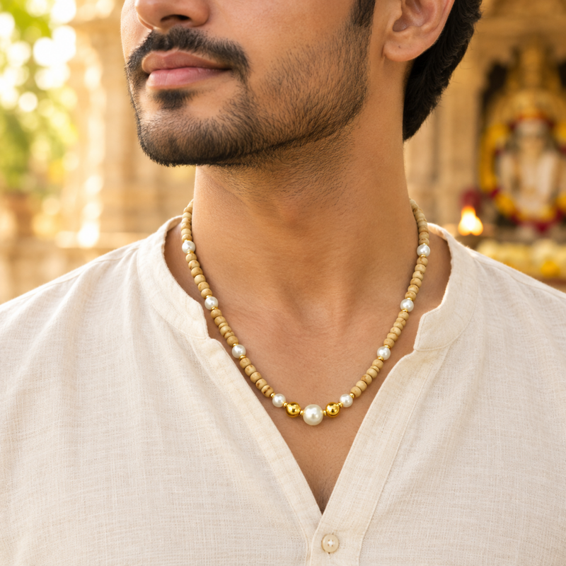 Silver 925 Pure Tulsi Kanti Mala with Pearl, Beads and Gold Tone Beads