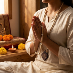 Silver 925 Pure Tulsi Kanti Mala with Pearl, Beads and Charan Paduka Locket