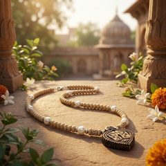 Silver 925 Pure Tulsi Kanti Mala with Pearl, Beads and Charan Paduka Locket