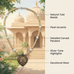 Silver 925 Pure Tulsi Kanti Mala with Pearl, Beads and Charan Paduka Locket