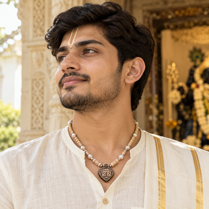 Silver 925 Pure Tulsi Kanti Mala with Pearl, Beads and Charan Paduka Locket