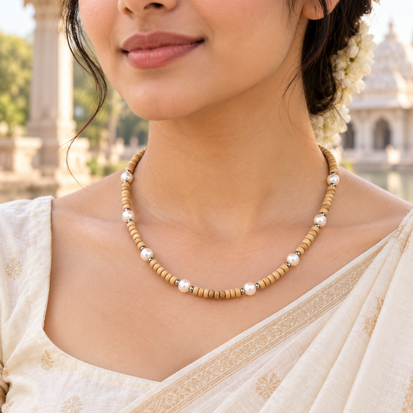 Silver 925 Pure Tulsi Kanti Mala with Pearl, Beads with Traditional Devotional Style