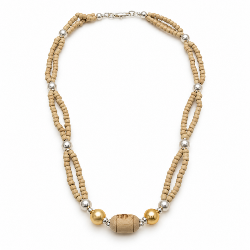 Silver 925 Pure Tulsi Kanti Mala with Pearl, Beads with Gold Tone Double Strand Mala