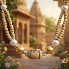 Silver 925 Pure Tulsi Kanti Mala with Pearl, Beads with Gold Tone Double Strand Mala