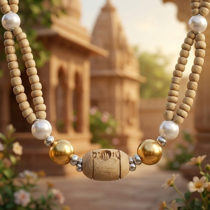 Silver 925 Pure Tulsi Kanti Mala with Pearl, Beads with Gold Tone Double Strand Mala