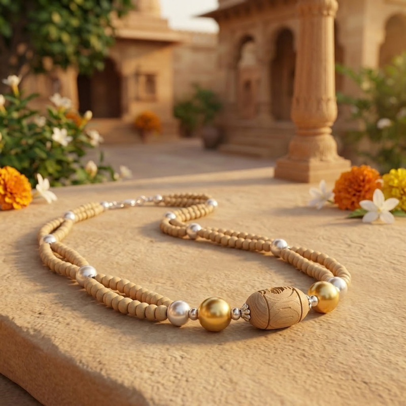 Silver 925 Pure Tulsi Kanti Mala with Pearl, Beads with Gold Tone Double Strand Mala